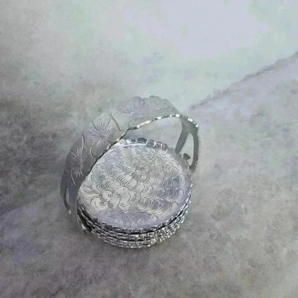 Continental Silver Co‎ Vtg Aluminum Coasters in Coaster Caddy Set of 8 Wild Rose - Picture 1 of 12